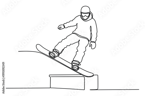 Monoline drawing of a snowboarder performing a rail slide, perfect for winter sports and extreme sport themes