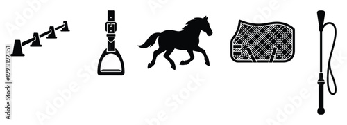 Collection of equestrian sport equipment and a horse silhouette for athletic and training related projects