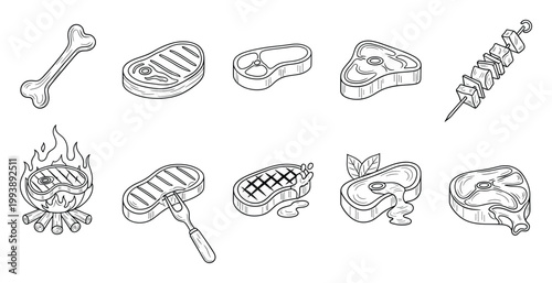 Collection of various beef and pork steak cuts with grilling elements for restaurant menus and culinary projects