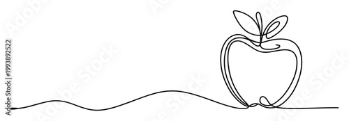 Single continuous line drawing of a stylized apple with leaves, perfect for minimalist health and food related projects