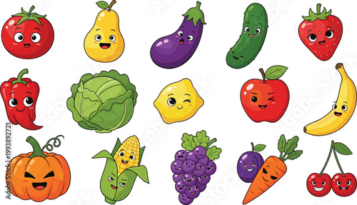 Vector Set of 16 Cute Cartoon Fruits and Vegetables with Faces, Including Tomatoes, Carrots, Grapes, and More, Perfect for Children’s Illustrations and Food Designs