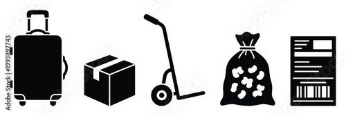 Various delivery and travel items including suitcase, box, hand truck, sack, and shipping label for logistics concepts
