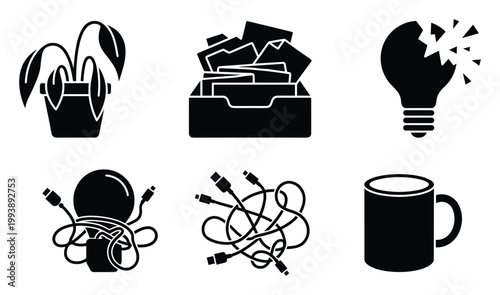 Icons representing office problems, technical issues, and daily essentials for visual communication.