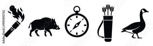 Collection of essential outdoor adventure symbols including a torch, wild boar, compass, quiver, and goose for nature exploration graphics