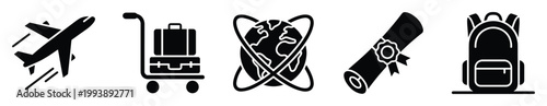 Journey and education icon set for global travel adventure planning and study abroad concept