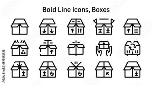 Bold line icons depicting various box configurations and handling symbols packaging shipping