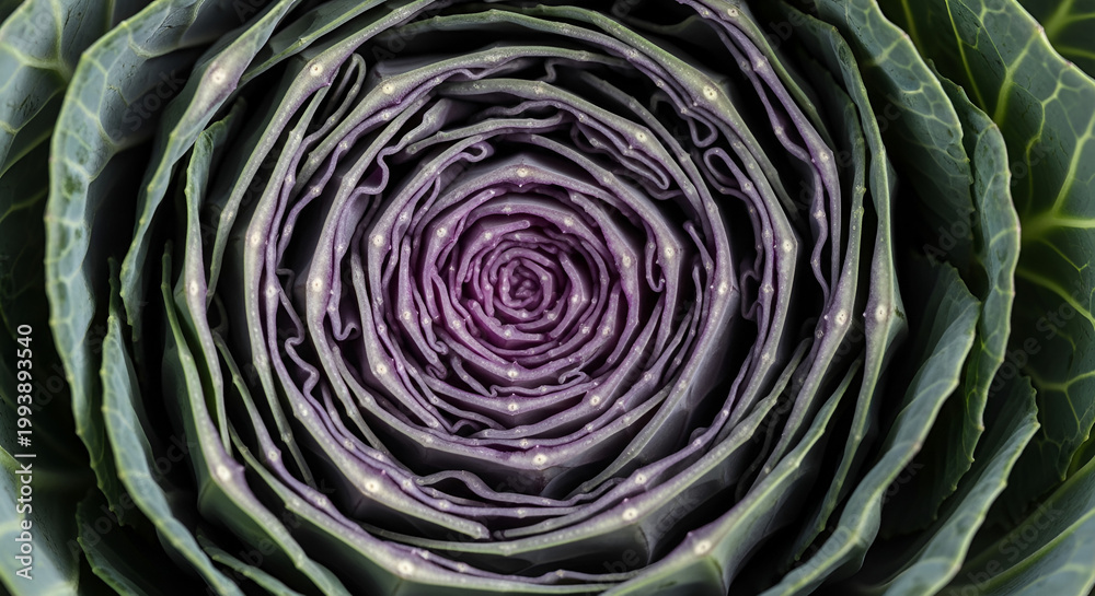 Fototapeta premium Abstract concentric pattern of ornamental cabbage leaves in vibrant shades of purple and green creating a visually stunning rosette