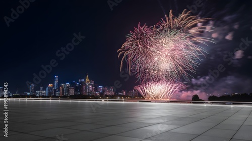 City Skyline Fireworks Display Night Sky Celebration Background Urban Panorama Festive Event Fireworks Show Sparkle Light Explosion New Year Eve Party Anniversary Holiday Commemoration Cityscape