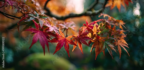 Close-up of vibrant red, orange, and yellow autumn leaves on a branch