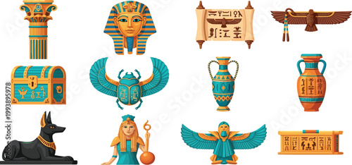 Ancient Egypt vector icon set featuring 12 historical symbols including Pharaoh mask Anubis sphinx papyrus and scarab beetle in a flat style.