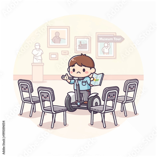 Cute cartoon boy giving a tour on a segway in a museum.