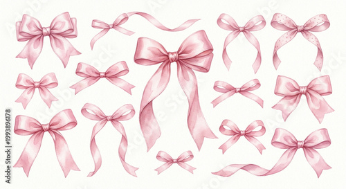 A delightful collection of watercolor-style pink bows and ribbons, perfect for adding a touch of elegant charm to any design or celebration