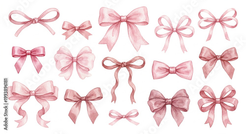 Elegant watercolor pink bows collection, perfect for festive decorations, gift wrapping, and charming design elements, adding a touch of sweetness and celebration