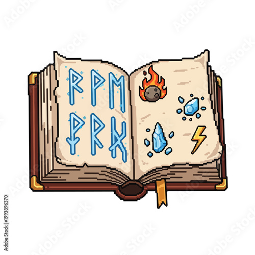 A pixel art illustration of an open spellbook featuring blue ancient runes on the left page and magical elemental symbols on the right page.