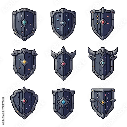 This vector illustration features nine distinct pixel art shields with dark stone frames, wooden centers, and embedded colorful gemstones.