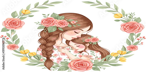 Mother and daughter embrace vector illustration with floral rose wreath for Mother's Day greeting cards and nursery wall art