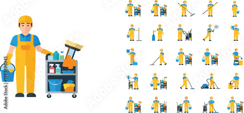 Professional cleaning service mascot vector set featuring 25 poses of janitor with vacuum mop and utility cart in a flat design style.
