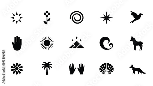 An abstract collection features various geometric shapes and symbols on a clean white background.