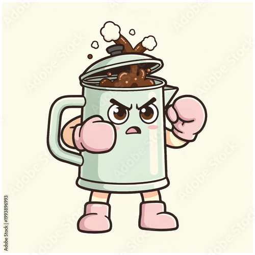 Angry cartoon coffee pot wearing boxing gloves ready to fight.