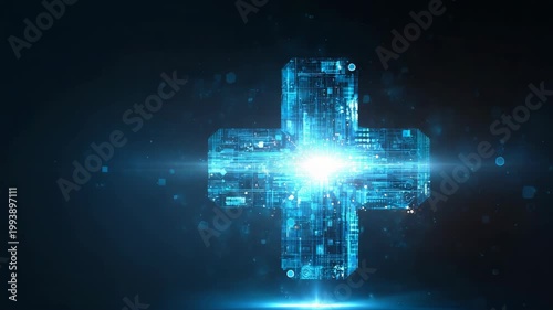 Futuristic Digital Medical Cross Symbol with Glowing Blue Light