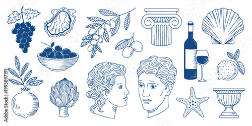 An illustration of various food and drink items, wine, and ancient Greek-inspired elements, including fruits, leaves, and human faces