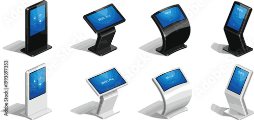 Digital information kiosk vector set featuring 8 isometric touch screen stands in black and white for retail wayfinding and interactive menu displays.