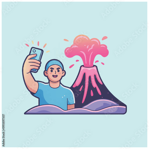 Man taking selfie with erupting volcano illustration.