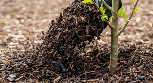 Close-up of mulch being poured around the base of a young tree sapling to protect roots and retain moisture for healthy growth in the garden
