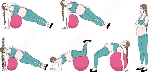 Pregnant woman prenatal yoga vector set featuring 6 exercise poses with pink stability ball in a flat line art style for maternal wellness