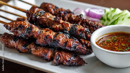 Savory grilled meat skewers rest on a white rectangular plate next to a small bowl of rich dark dipping sauce, sliced red onions, and crisp green cucumbers. The meat features a glossy. satay sate