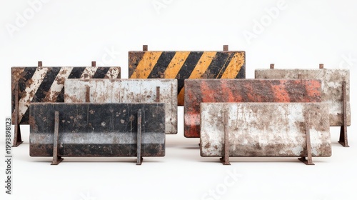 A collection of vintage construction barriers with worn line patterns, set against a white background for a rustic and industrial visual appeal