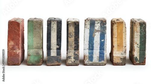 A collection of vintage construction line barriers, each displaying chipped stripes and faded colors, set against a white background to highlight their rustic character