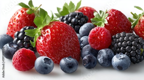 A colorful assortment of ripe strawberries, blackberries, raspberries, and white-backed blueberries, their colors and textures highlighted against a white background, inviting a fresh, vibrant vibe