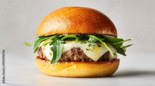 A delicious white-back burger with a golden bun, a tender patty, fresh greens, and melted cheese, resting against a minimalist white backdrop, showcasing a perfect balance of flavors and textures