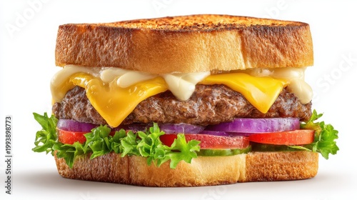 A delicious white-back burger with a succulent beef patty, fresh vegetables, and melted cheese, sandwiched between perfectly toasted buns, creating a mouthwatering contrast against a white background