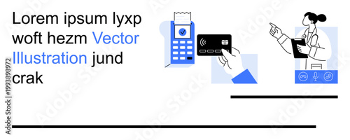 Fintech, digital payments, online healthcare, telemedicine, cashless transactions, remote access solutions. Icons include a payment terminal, credit card, and doctor conducting online consultation
