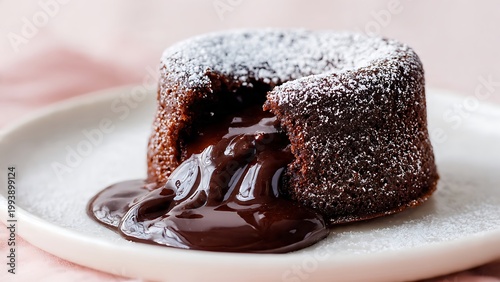 A warm chocolate lava cake sits on a pale pink plate with rich dark chocolate syrup flowing heavily from the center. A light dusting of powdered sugar gently coats the baked crust.