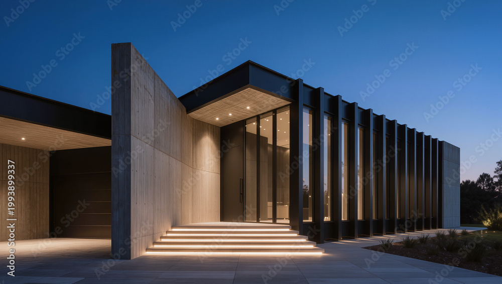 Fototapeta premium Modern Concrete Home Exterior with Illuminated Steps at Twilight