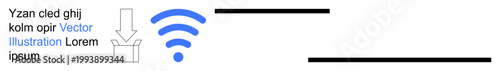 Technology, data sharing, wireless communication, internet connection, file transfer, digital storage. wireless signal and download arrow by a box. Technology and data sharing