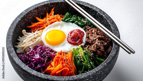 A heavy dark stone bowl holds a colorful arrangement of white rice, cooked ground meat, and fresh assorted vegetables. A bright sunny side up egg and a dollop of red paste sit in the