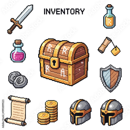 This vector features a diverse set of pixel art fantasy RPG inventory icons like a treasure chest, sword, potions, and helmets.