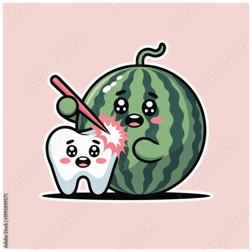 Cute Tooth Character Brushing Watermelon Character Teeth.