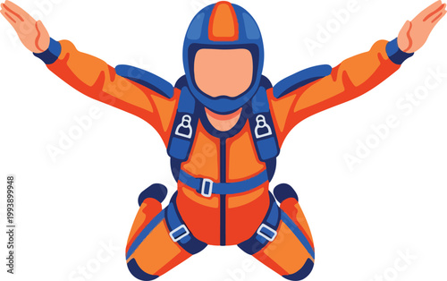 A cartoon skydiver in an orange and blue jumpsuit is free falling through the air with arms outstretched.