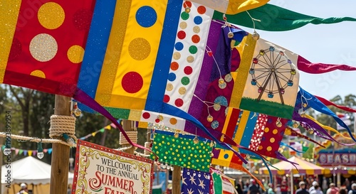 Colorful flags adorn a fairground entrance, showcasing playful patterns and welcoming visitors