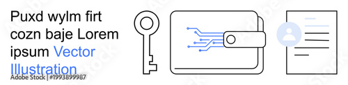 Data security, authentication, digital wallets, fintech, cybersecurity, and personal identification. Image shows a key, digital wallet and identity document icons. Data security and authentication