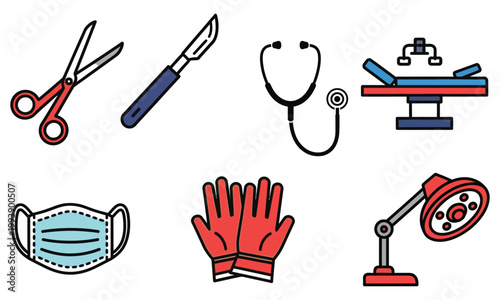 Essential medical icon set scalpel stethoscope surgical tools and protective gear illustrations