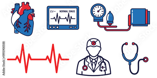 Essential medical icon set heart ekg blood pressure and healthcare professional illustrations
