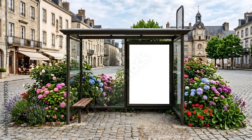Blank Billboard in Bus Stop with Town Square Background