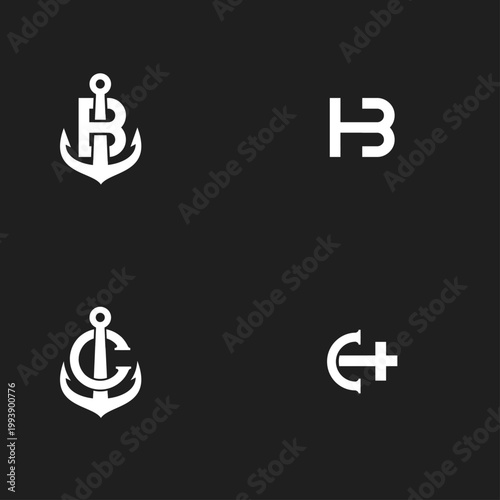 Anchor Letter B and G Logo Design Set Nautical Monogram Icons on Black Background