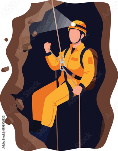 A cartoon man in a yellow suit rappelling down a dark cave with a rope and harness